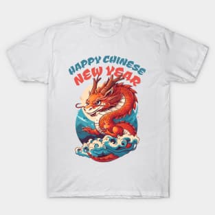 Happy Chinese New Year: Playful Little Dragon in Orange, Red, and Blue T-Shirt